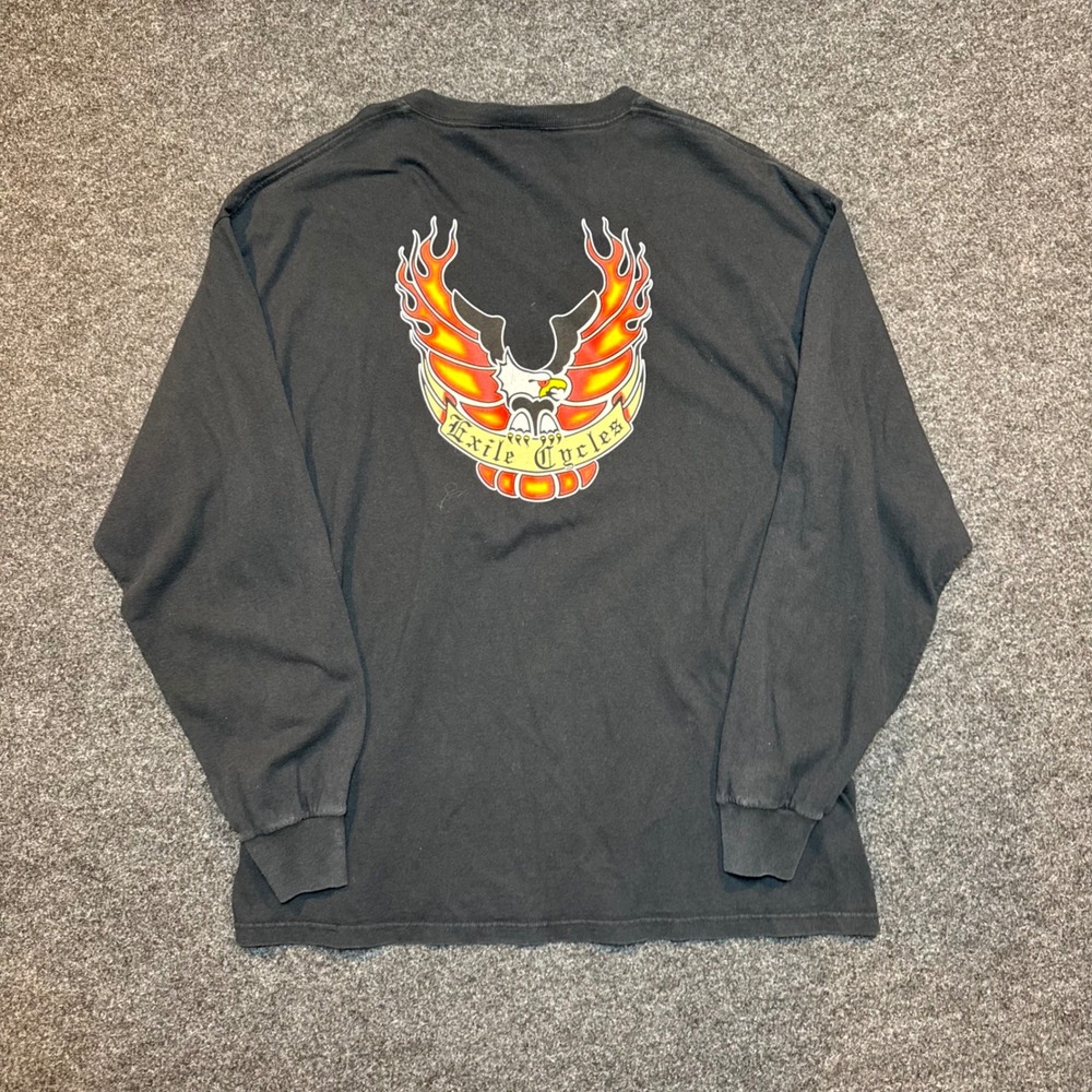 Exile Cycles Black Long Sleeve Graphic T-Shirt Mens 2XL Biker Eagle Flames